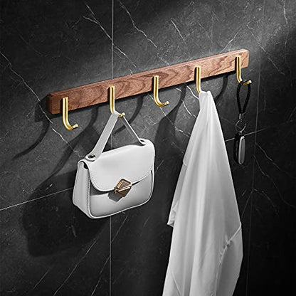 Wall Mounted Coat Rack, Entryway Hanging Rack with Rustic Hooks for Coat, Scarf, Bag, Towel, Key, Cap, Hat - Walnut Gold Matt (5 Hooks - J Shape) - size: 5 Hooks - J Shape