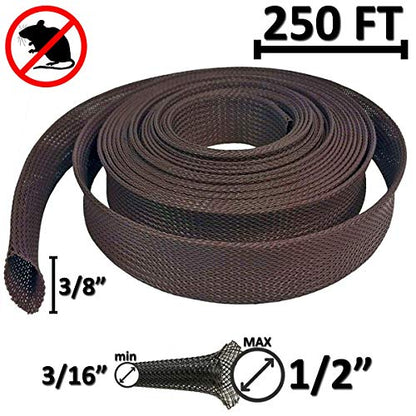 Electriduct 3/8" Chewing Resistant Braided Sleeving Repulsive Hose Wire Mesh Cable Protection Flexible Expandable Wrap - 250 Feet - color: Expandable (Dark Brown), size: 0.375 Inch - 250 Feet