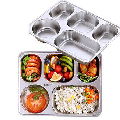 Set of 2 Stainless Steel Rectangular Divided Plates Tray 5 Sections Dinner Plates for Adults - Unbreakable Metal Plate for Campers, and Portion Control Reusable Plate - size: 5C (5 Sections)