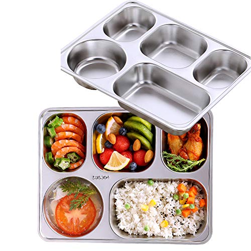Set of 2 Stainless Steel Rectangular Divided Plates Tray 5 Sections Dinner Plates for Adults - Unbreakable Metal Plate for Campers, and Portion Control Reusable Plate - size: 5C (5 Sections)