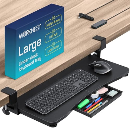 Keyboard Tray | Under Desk Keyboard Tray Slide Out w/Adjustable C-Clamps for Desks Up to 1.5-Inch-Thick | Clamp On Drawer with 1x USB-C to 4 USB-A Hub and 1x Five-Cable Management Organizer