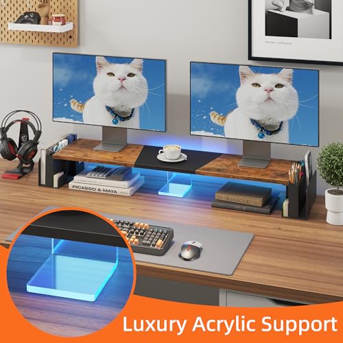 WESTREE Dual Monitor Stand Riser with Pen Holder, Computer Monitor Riser with Adjustable Angle and LED Light, Desktop Monitor Stand Riser Storage Organizer for Computer, Laptop, Printer, TV(Rustic Brown)