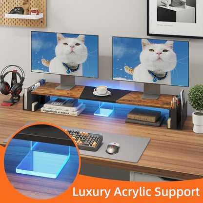 WESTREE Dual Monitor Stand Riser with Pen Holder, Computer Monitor Riser with Adjustable Angle and LED Light, Desktop Monitor Stand Riser Storage Organizer for Computer, Laptop, Printer, TV(Rustic Brown)