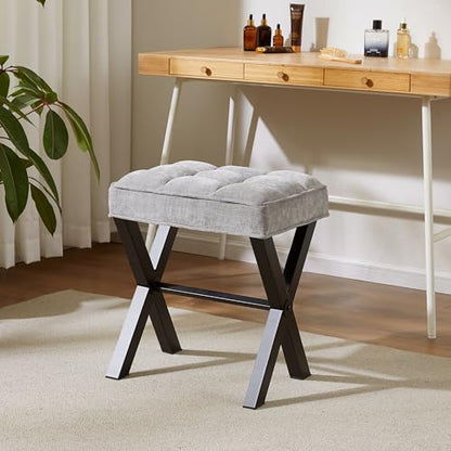 Royal Windsor Vanity Stool,Square Ottoman Stool Foot Rest,Upholstered Vanity Chair Foot Stool with Metal X Legs, Small Vanity Seat for Entryway,Bedroom and Living Room,Linen Light Grey - color: 12.6"d Light Grey+black