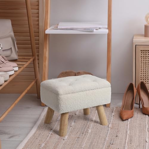 OGEMXU Storage Ottoman, Small Foot Stool Ottoman with Storage, Boucle Teddy Velvet Foot Rest with Padded Seat, Sturdy Wood Legs Stool for Living Room, Bedroom, Couch, Enterway (Cream) - color: Cream