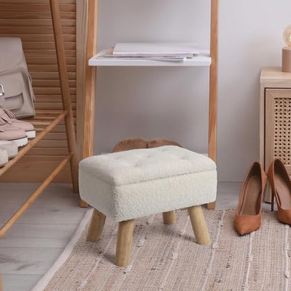 OGEMXU Storage Ottoman, Small Foot Stool Ottoman with Storage, Boucle Teddy Velvet Foot Rest with Padded Seat, Sturdy Wood Legs Stool for Living Room, Bedroom, Couch, Enterway (Cream) - color: Cream