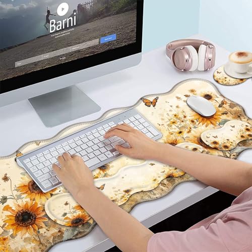 Bxgolkgd Desk Mat Set,Mouse Pad with Keyboard Wrist Rest & Mouse Wrist Rest,Wave-Shaped Design,Non-Slip Rubber Base,Ergonomic Desk Mat for Home,Office,Gaming,Sunflower Butterfly - color: Sunflower Butterfly
