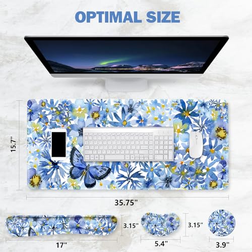 ToLuLu Desk Mat, Gaming Mouse Pad Wrist Support 4 in1 Set, XXL Large Mouse Pad + Keyboard Wrist Rest + Memory Foam Cushion Mouse Wrist Rest for Pain Relieve + Coaster Computer, Butterfly Loves Flower - color: Butterfly Loves Flower