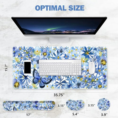 ToLuLu Desk Mat, Gaming Mouse Pad Wrist Support 4 in1 Set, XXL Large Mouse Pad + Keyboard Wrist Rest + Memory Foam Cushion Mouse Wrist Rest for Pain Relieve + Coaster Computer, Butterfly Loves Flower - color: Butterfly Loves Flower
