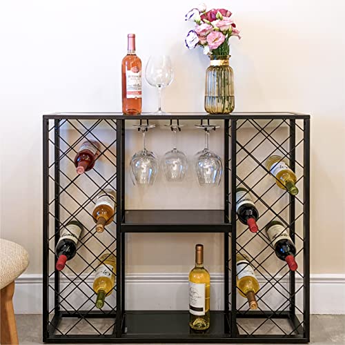 Mango Steam Wine Rack Console with Glass Table Top (34 Bottle, Black) - color: Black, size: 34 Bottle