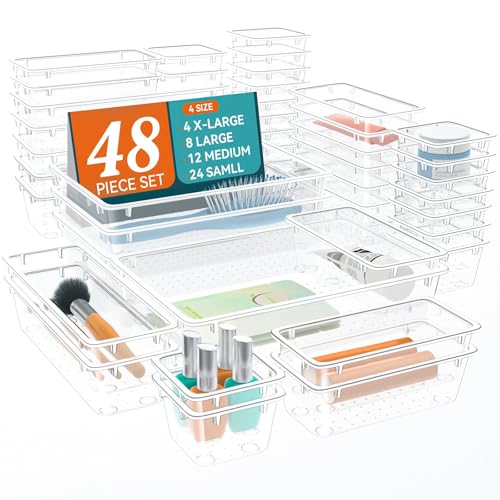 ElegantArray 48 PCS Drawer Organizer Set, 4 Sizes Tool Storage Trays, Clear Plastic Makeup Vanity Organizer and Storage Bins for Makeup, Stationeries, Multiple Gadgets for Bathroom, Office, Bedroom - color: Milky, size: 48 Pcs