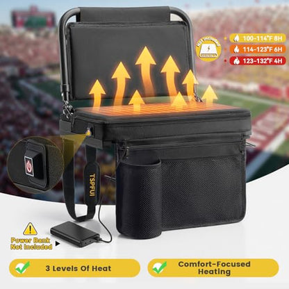 Heated Stadium Seats with Back Support for Bleachers – Portable 5-Position 90-180° Folding Bleacher Seat with Cup Holder & Shoulder Strap, Ideal for Sports Events, and Concerts - style: Heatable