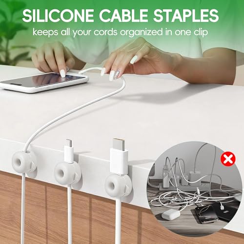 8-Pack Magnetic Cable Management Clips for home office desk, Cord organizer | reusable, strong adhesive, silicone wire staples keeper, stick-on wire holder clamps, work on wall, nightstand, car dashboard - color: White