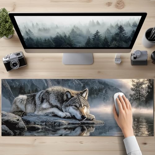 HOMETITUTE XL Mouse Pad Wolf Lake Nature Art Gaming Mousepad 31.5x11.8 Inch Non-Slip Keyboard Desktop Protector Mat Diatomite Large Mouse Pad for Home and Office Desk Accessories - color: Wolf Lake Nature Art