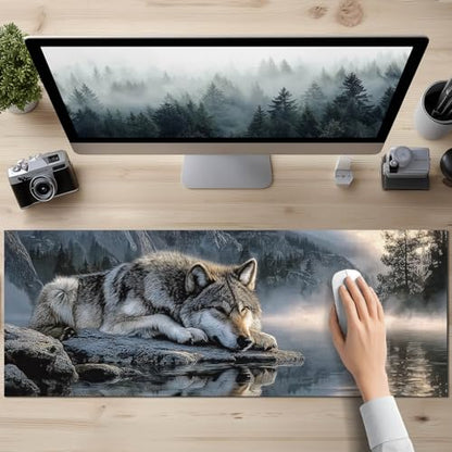 HOMETITUTE XL Mouse Pad Wolf Lake Nature Art Gaming Mousepad 31.5x11.8 Inch Non-Slip Keyboard Desktop Protector Mat Diatomite Large Mouse Pad for Home and Office Desk Accessories - color: Wolf Lake Nature Art