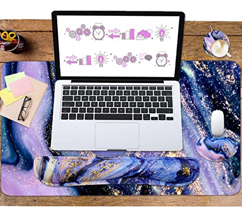4-in-1 Large Gaming Mouse Pad and Keyboard Wrist Rest, Desk Pad for Keyboard and Mouse, Non-Slip Desk Mat for Home Office Study Game-Purple Marble - color: Purple Marble