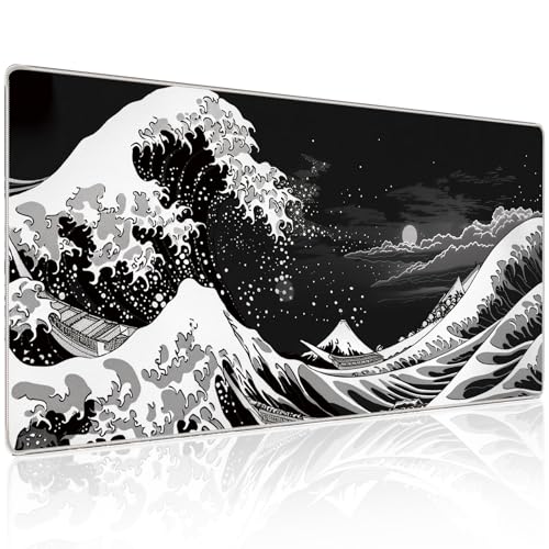 Japanese Sea Wave Gaming Mouse Pad, 31.5×11.8in Japanese Kanagawa Black Mousepad Desk Mat, High-Performance Smooth Precision Fabric Mousepad for Fluid Control, Stable Non-Slip Rubber Base Mouse Pad - color: Japanese Sea Wave-Black White, size: 31.5L x 11.