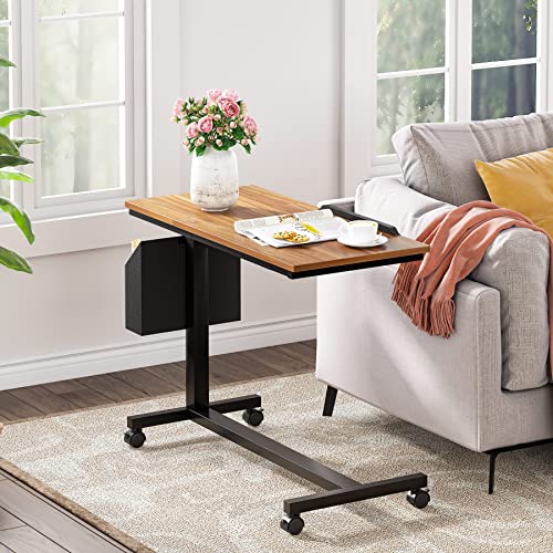 Tribesigns Height Adjustable C Shaped End Table with Wheels and Side Pocket, Mobile Sofa Snack Table with Tiltable Drawing Board, Laptop Side Tray Table for Couch Bed (Walnut Brown) - color: Walnut Brown