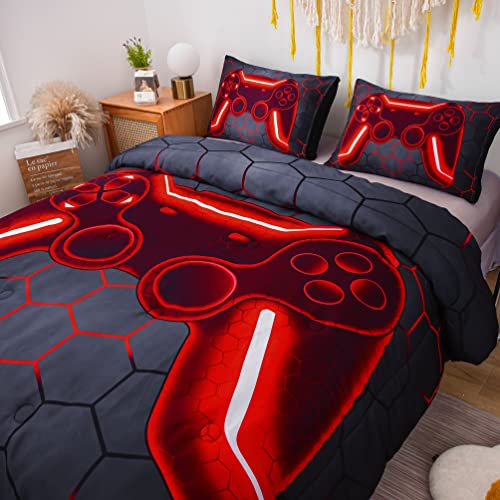NTBED Game Console Comforter Set for Boys Girls Kids 3D Gaming Geometric Lightweight Microfiber Gamer Bedding Sets (Red, Twin 5Pcs) - color: Red, size: Twin
