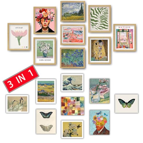 18PCS Vintage Eclectic Wall Art, Colorful Bohemian Gallery Wall Art, Retro Maximalist Decor Aesthetic, Funky Eclectic Gallery Wall Art Prints for Bedroom, Famous Artist Painting Pictures (with Beige Frame) - color: 2in1 Framed 1-2 big