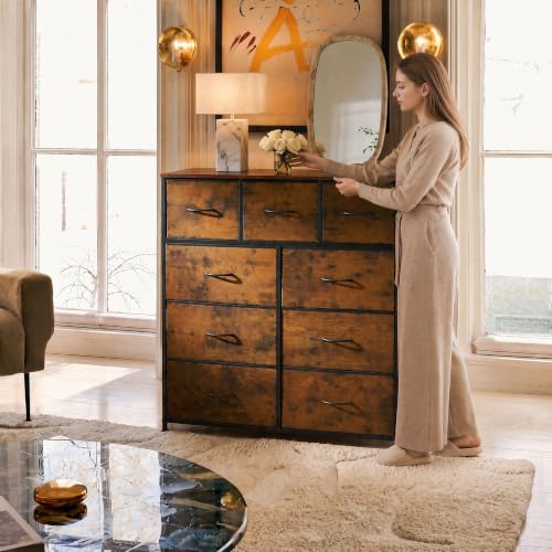 WLIVE 9-Drawer Dresser, Fabric Storage Tower for Bedroom, Hallway, Entryway, Closet, Tall Chest Organizer Unit with Fabric Bins, Steel Frame, Wood Top, Easy Pull Handle, Rustic Brown Wood Grain Print - color: Rustic Brown Wood Grain Print