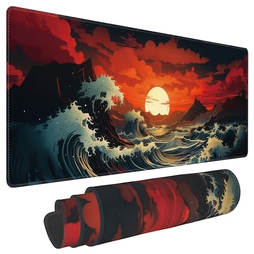 Japanese Sea Wave Large Mouse Pad,Gaming Keyboard Desk Pad,Extended Mouse Mat Non-Slip Rubber Base with Stitched Edges for Office Game Home XL 31.5"x11.8" - color: Japanese Wave, size: 31.5L x 11.8W inches