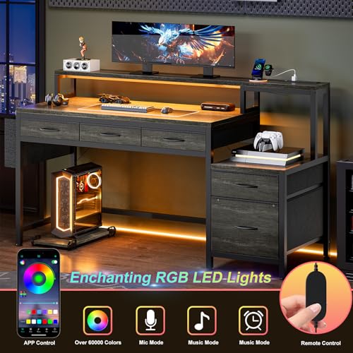 REAHOME 61 Inch Gaming Desk with Charging Station and LED Lights, Reversible Computer Desk with Storage Drawer and Monitor Stand, Modern Desk Table with File Cabinet & Side Pocket, Grey Oak - color: Grey Oak