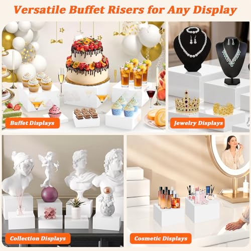 8 PCS Acrylic Buffet Risers Set, White | Versatile Display Stands, 3" to 10" Sizes, For Dessert Tables, Collectibles & Party Food Presentation