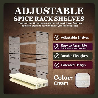 Vertical Spice Adjustable Spice Rack Drawer - Pull Out Cabinet Organizer - Kitchen and Pantry Organizers and Storage - Spice Caddy - 1 Drawer, 2 Upper Tier (3.45" W x 11.25" H x 10.6" D, Cream) - color: 3.25" Drawer, Adjustable Shelves
