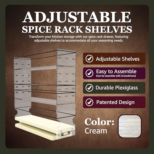 Vertical Spice Adjustable Spice Rack Drawer - Pull Out Cabinet Organizer - Kitchen and Pantry Organizers and Storage - Spice Caddy - 1 Drawer, 2 Upper Tier (3.45" W x 11.25" H x 10.6" D, Cream) - color: 3.25" Drawer, Adjustable Shelves