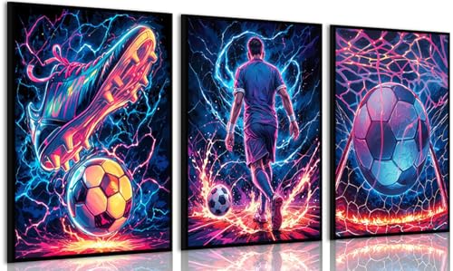 3Pcs Cool Soccer Canvas Wall Art Abstract Soccer Sneakers Posters Prints Paintings Neon Boys Football Themed Bedroom Wall Decor Artwork for Boys Room Teen Kids Playroom Decoration 16x24in - color: Canvas, size: 24L"x16W"