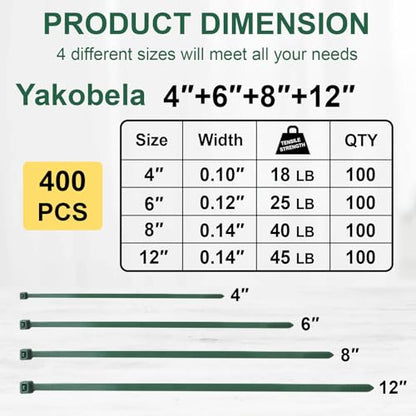 Green Zip Ties Assorted Sizes (4"+6"+8"+12"), 400 Pack, Cable Ties UV Resistant for Garden, Plants, Fence, Holiday Lights, Yakobela - size: 4"+6"+8"+12" (400 pack)