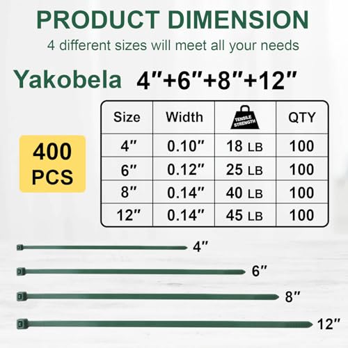 Green Zip Ties Assorted Sizes (4"+6"+8"+12"), 400 Pack, Cable Ties UV Resistant for Garden, Plants, Fence, Holiday Lights, Yakobela - size: 4"+6"+8"+12" (400 pack)