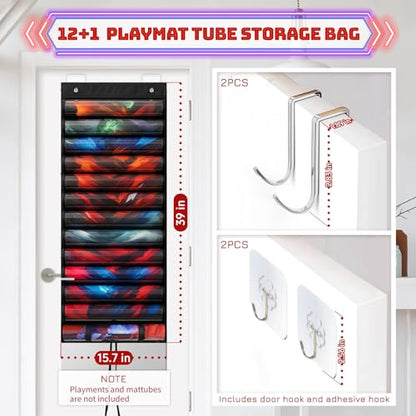 Playmat Holder, Playmat Tube Storage Bag for MTG/TCG with 12+1 Transparent Slots & 4 Hooks, Hangable Playmat Holder for Game Mat and Tubes, Portable Playmat Case, Black