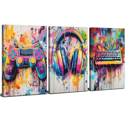 Banksy Gaming Wall Art Cool Graffiti Gamepad Headphone Wall Decor for Boys Room Street Pop Game Pictures Teen Gamer Playroom Bedroom Modern Video Canvas Painting Dorm Men Cave Decorations 12x16'' 3P - color: Game 2, size: 12"l X 16"w