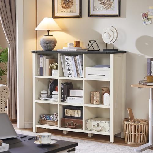 Joaxswe 9 Cube Bookcase, Farmhouse 47 Inch Wide White Bookshelf, Wooden 3 Tier Display Large Open Book Shelf, Vintage Horizontal Book Case for Home Office, Cubby Storage Cabinet for Living Room - color: Warm White & Black, size: 9 Cube (13.6 "D x 47.24 "W
