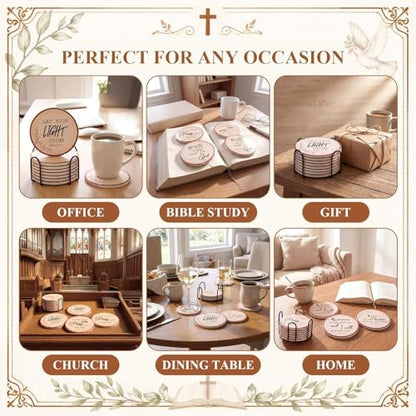 Domensi 8 Pcs Christian Coaster Set Ceramic Coaster with Bible Verse Religious Absorbent Coasters Wood Style Drink Cup Mat for Church Christian Decoration Table Protection - style: Wood