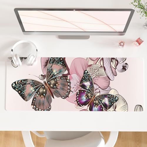 QiyI Large Mouse Pad, PU Leather Desk Blotter Protector, Waterproof Computer Desk Mat, Butterflies Keyboard Mouse Pads, Non Slip Base Home & Office Accessories, Extended Large Size 31.5" x 11.8" - color: Floral Butterflies, size: 31.5" x 11.8"