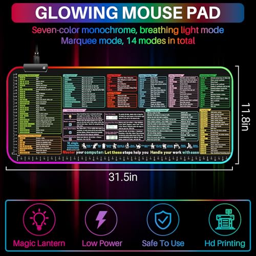 Excel/Word/Photoshop/Gmail/Windows/Midjourney Shortcut Keys Mouse Pad - Large XL Cheat Sheet Gaming Mousepad,PC Office Spreadsheet Keyboard Mat,Non-Slip Stitched Edge (Excel with 13 Light Modes) - color: Excel With 13 Light Modes