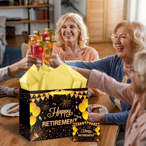 Hooqict Large Retirement Gift Bag Black Gold Happy Retirement Party Gift Bag with Handles, Wrapping Paper, Greeting Card for Men Women Coworker Teacher Farewell Going Away Party Favors - color: Retirement