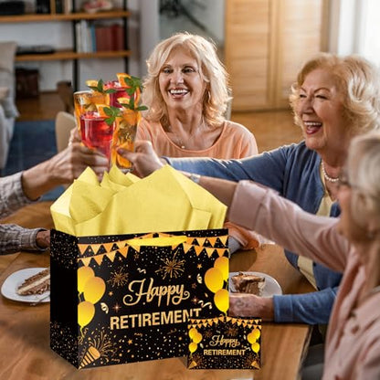 Hooqict Large Retirement Gift Bag Black Gold Happy Retirement Party Gift Bag with Handles, Wrapping Paper, Greeting Card for Men Women Coworker Teacher Farewell Going Away Party Favors - color: Retirement