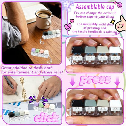 2 PCS 4-in-1 Keyboard Fidget Toy Keychain, Finger Clicky Button Toy Stress Relief Keychain with Swappable Keycaps, Mini Mechanical Key Fidget for Office Desk Focus Gifts (Black White Purple Gray) - color: Black White Purple Gray