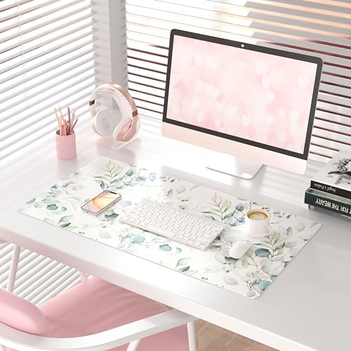 QIYI Large Mouse Pad, Cute Green Leaves Desk Mat for Desktop, Women Girls Office Décor Desk Accessories, PU Leather Waterproof Gaming Mousepad, Eucalyptus Leaf Desk Pad Computer Mat, 31.5" x 15.7" - color: Eucalyptus Leaves, size: 31.5" x 15.7"