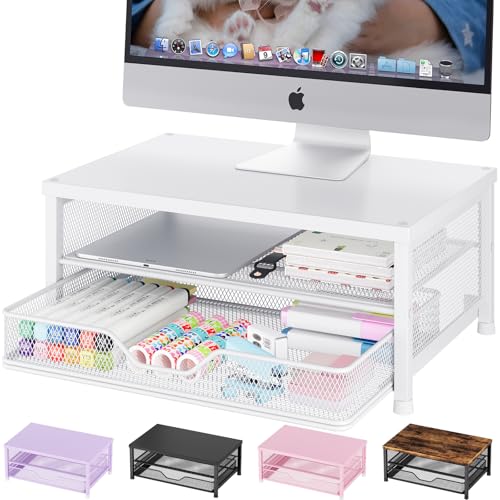 OPNICE Computer Monitor Stand Riser, Desk Organizer with Drawer, Printer & Laptop Stand, Office Desk Accessories & Workspace Desktop Organizers Storage for Office Supplies(White) - color: White, size: With Drawer
