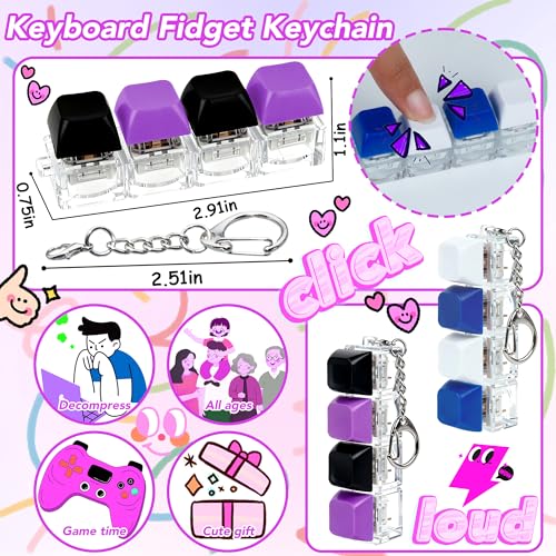 2 PCS 4-in-1 Keyboard Fidget Toy Keychain, Finger Clicky Button Toy Stress Relief Keychain with Swappable Keycaps, Mini Mechanical Key Fidget for Office Desk Focus Gifts (Blue White Black Purple) - color: Blue White Black Purple