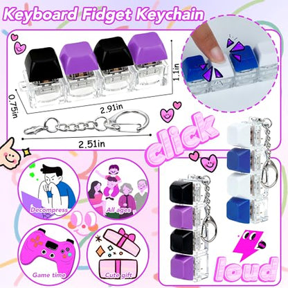 2 PCS 4-in-1 Keyboard Fidget Toy Keychain, Finger Clicky Button Toy Stress Relief Keychain with Swappable Keycaps, Mini Mechanical Key Fidget for Office Desk Focus Gifts (Blue White Black Purple) - color: Blue White Black Purple