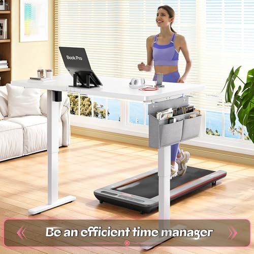 EnHomee Electric Standing Desk with LED Lights,Computer Desk 56 x 24 Inch Height Adjustable with 3 Memory Preset,Gaming Sit Stand Desk with Storage Side Pocket and Cable Management,White