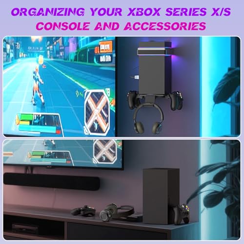 Wall Mount for Xbox Series X/S-Wall Mount Kit with 2 Controller Holder &1 Headset Stand & RGB Light, Xbox series X/S Wall Mounted Bracket Shelf Stand- Safely Organize Your Xbox X/S Series Accessories - color: Grey