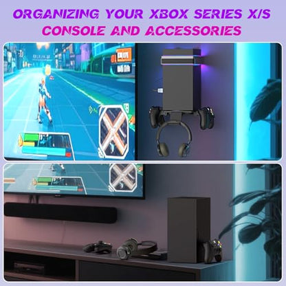 Wall Mount for Xbox Series X/S-Wall Mount Kit with 2 Controller Holder &1 Headset Stand & RGB Light, Xbox series X/S Wall Mounted Bracket Shelf Stand- Safely Organize Your Xbox X/S Series Accessories - color: Grey