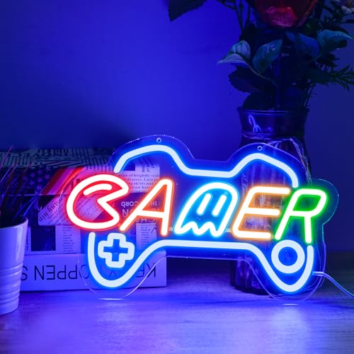 Gamer Neon Sign for boy room decor, 15 * 9 inch Blue Gaming led lights with USB Power and Dimmer Switch for game room decor,teen's room,man cave,adult and Kids - style: blue-gamer